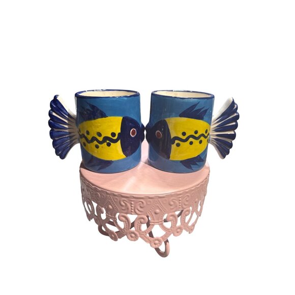 Hand-Painted Mexican Ceramic Fish Mug Set Blue & Yellow Artisan-Made Unique Tail - Picture 1 of 8